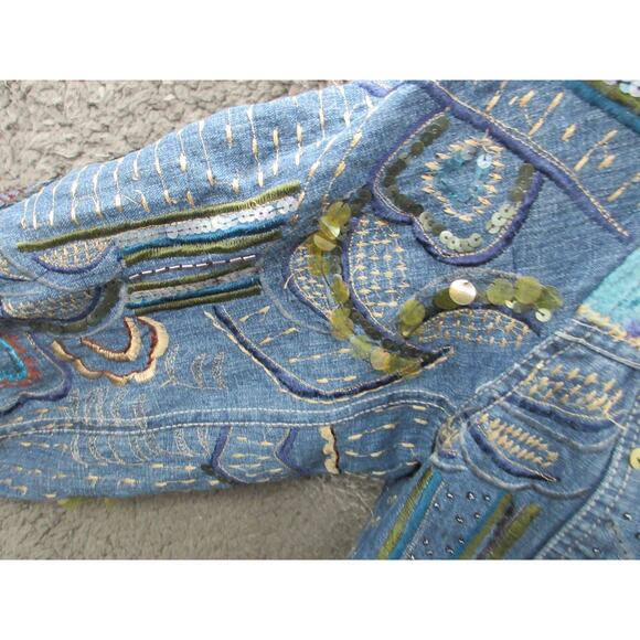 Chico's Design Embroidered Embellished Size 2 (Large) Boho Denim Jacket - Picture 6 of 16